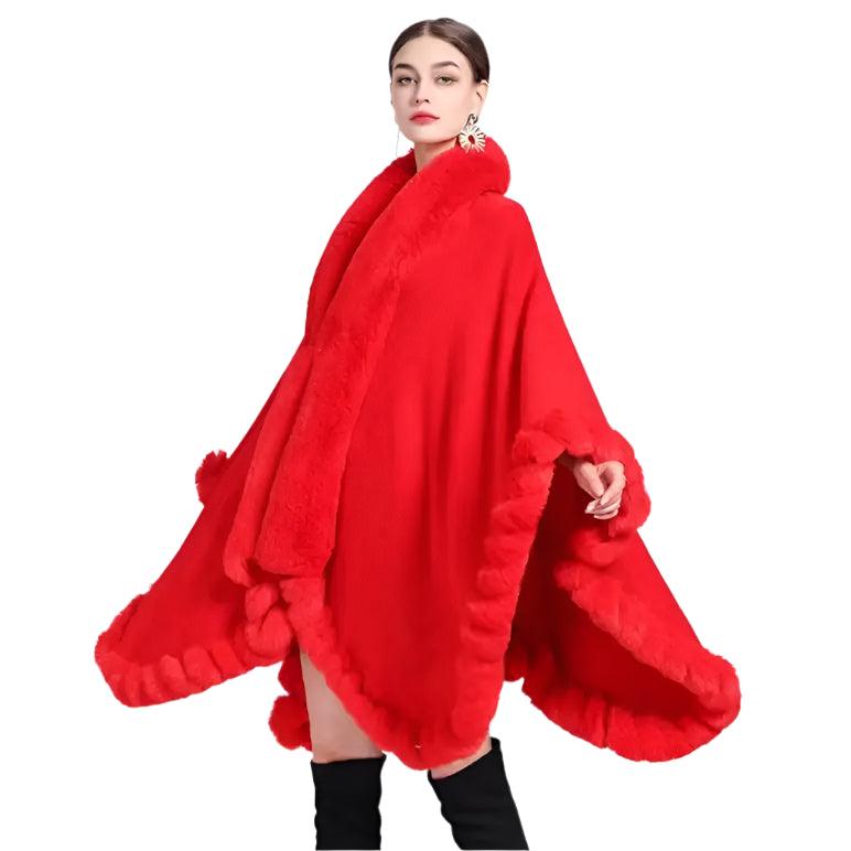 Women's Winter Thicken Shawl - Faux Rabbit Fur Long Poncho Cape Cloak - JVMCL