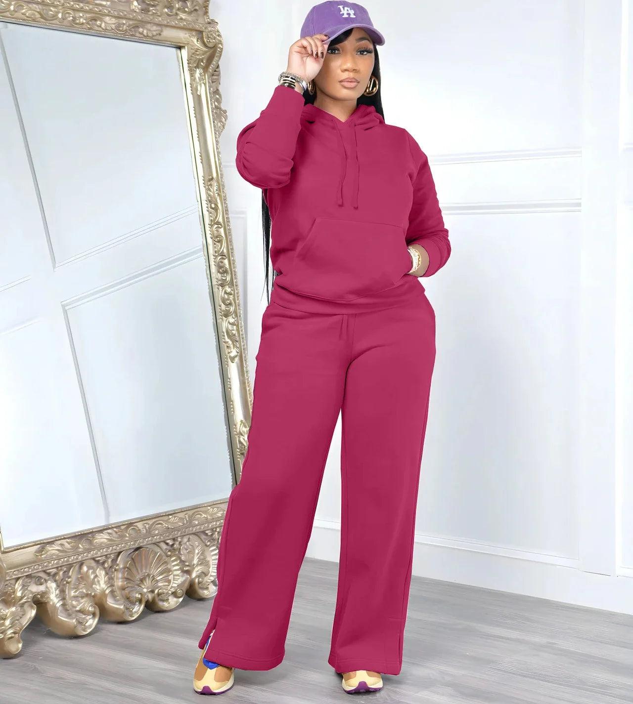 Women’s Hooded Top and Wide-Leg Pants Sport Two-Piece Winter Outfit Tracksuit - JVMCL