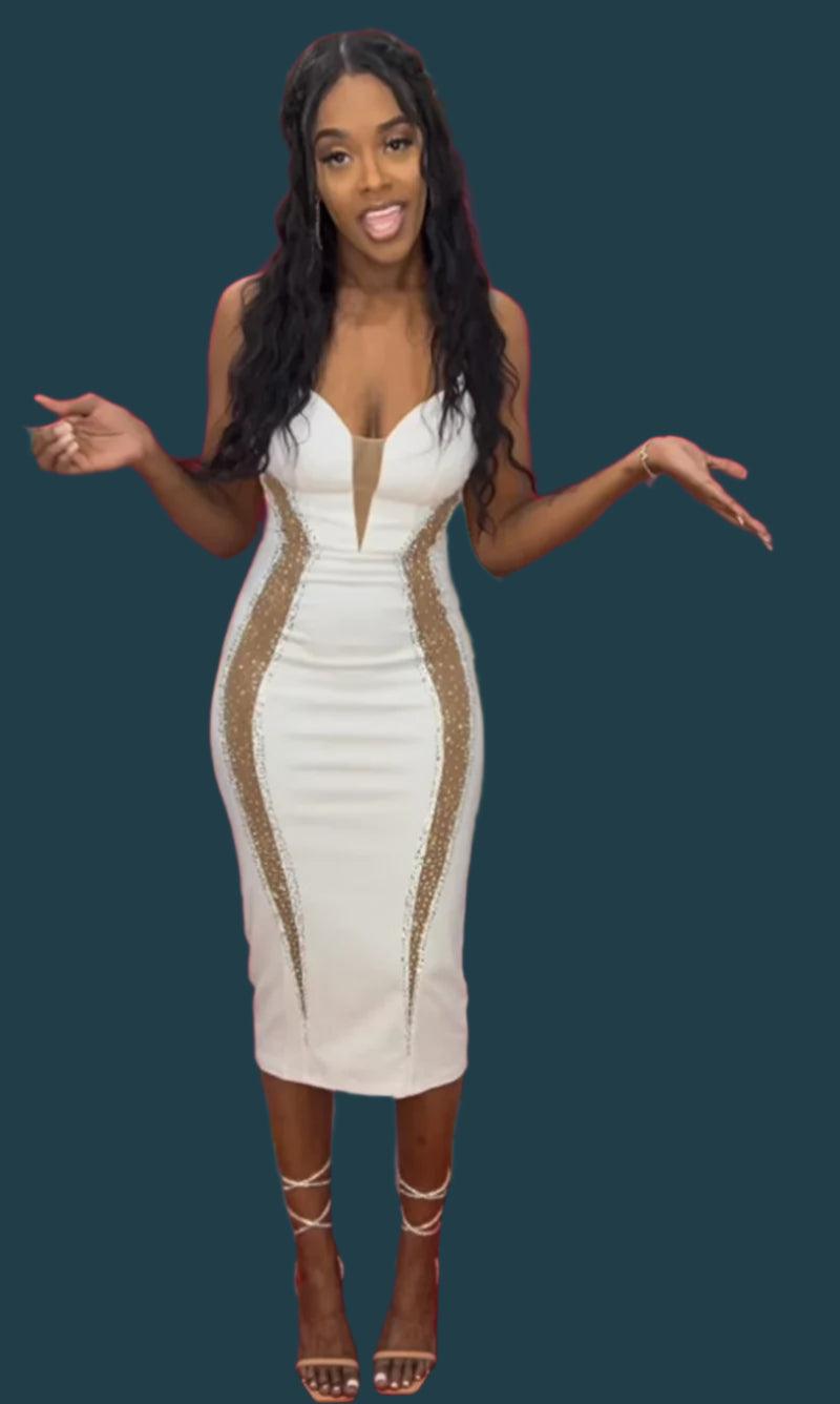 Sexy Spaghetti Strap V-Neck Bandage Bodycon Dress - Elegant Patchwork Midi Dress - JVMCL