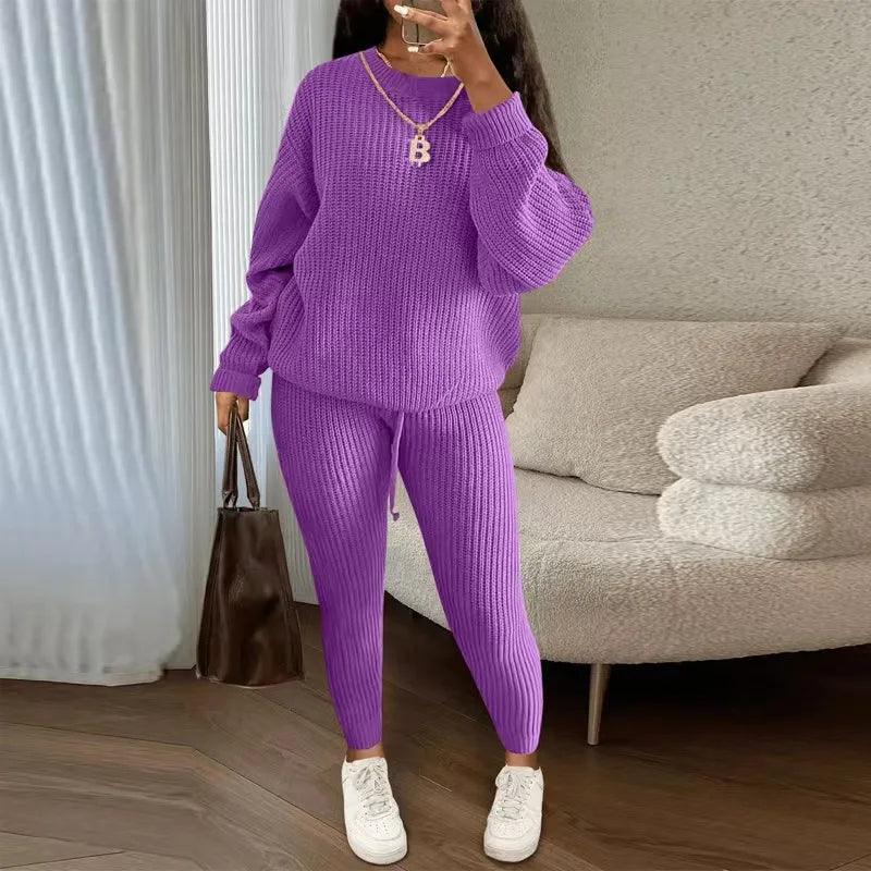 Two Piece Sets Fashion Round Neck Pullover Loose Knitted Sweater Pants Suits - JVMCL