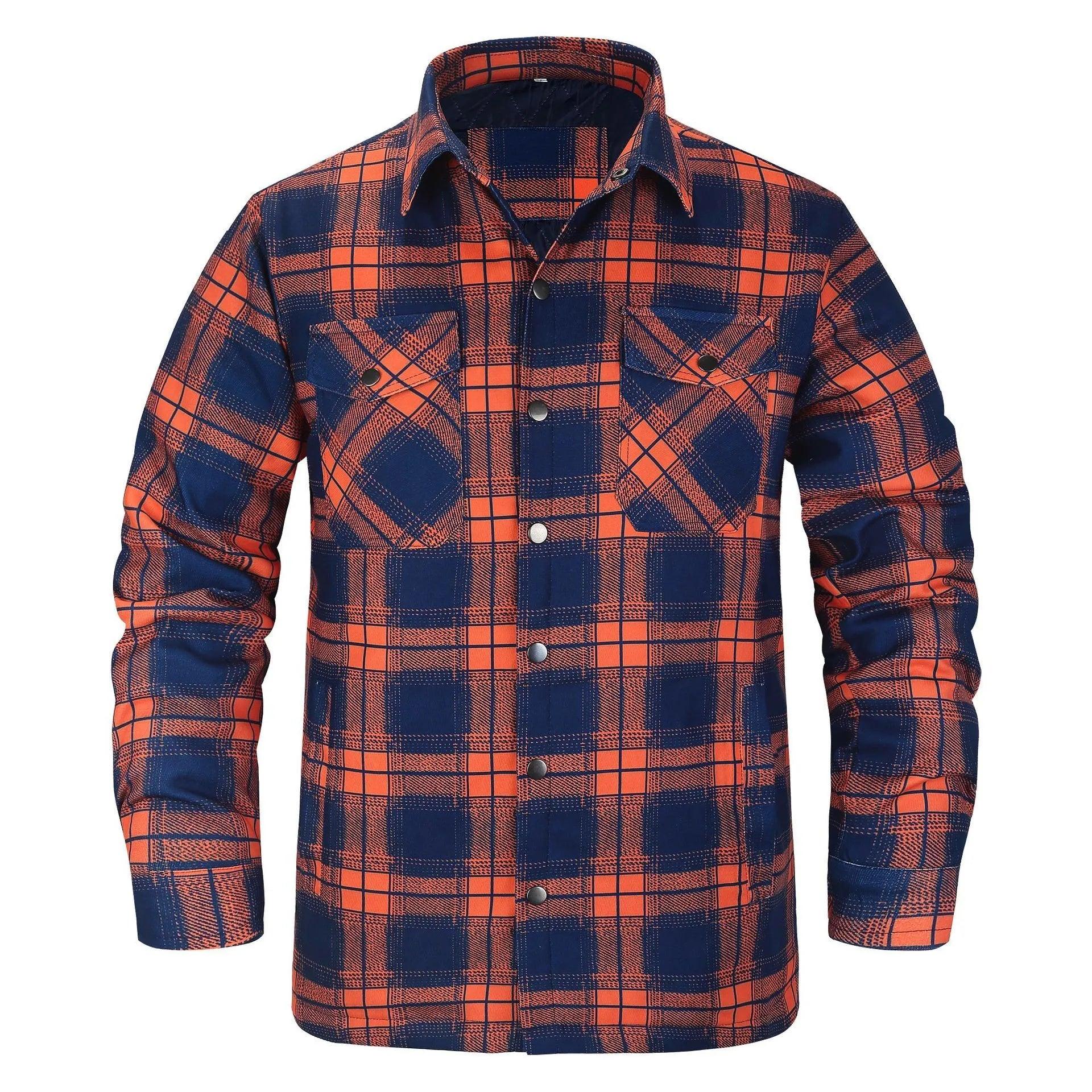 Men’s Plaid Long-Sleeve Winter Jacket – Thick Lapel Bomber Coat for Autumn & Winter - JVMCL