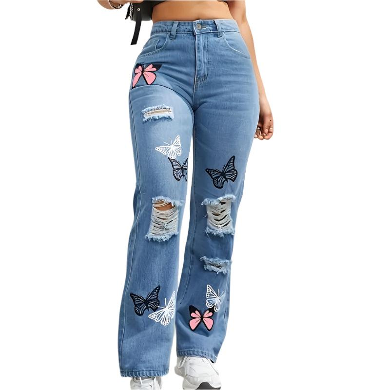 Women’s High-Waist Appliqué Straight-Leg Jeans – Trendy Streetwear Denim - JVMCL