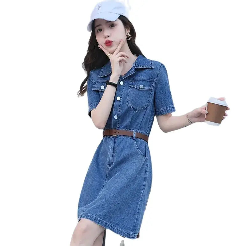 Women’s Summer Denim Dress – Retro High Waist Casual Jean Dress