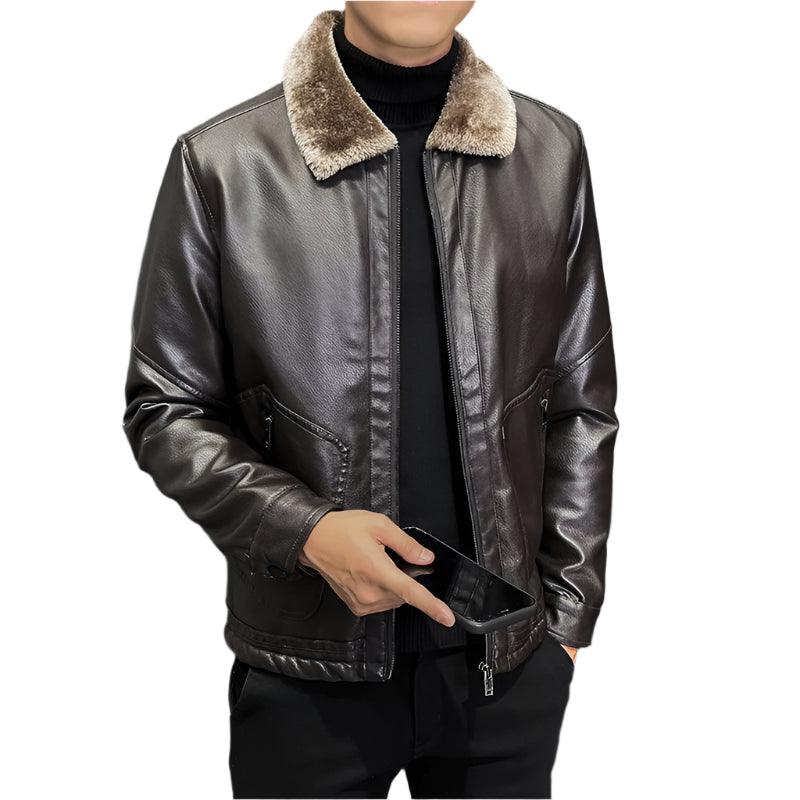 Men's Casual Motorcycle Windbreaker with Fur Collar Faux Leather Slim Fit Jacket - JVMCL