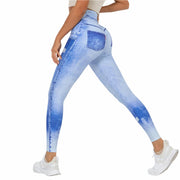 Stylish & Sporty Fitness Light Denim Print High-Waist Push-Up Leggings Trousers - JVMCL