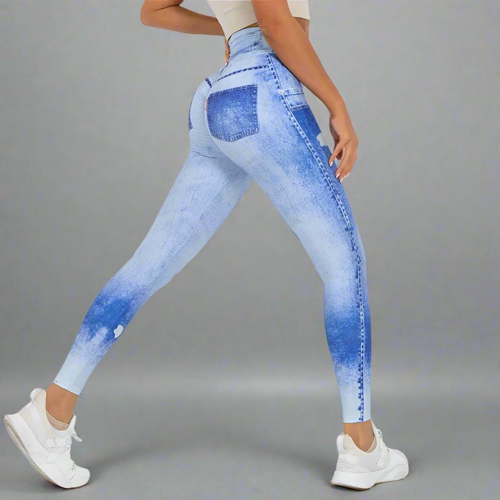 Stylish & Sporty Fitness Light Denim Print High-Waist Push-Up Leggings Trousers - JVMCL