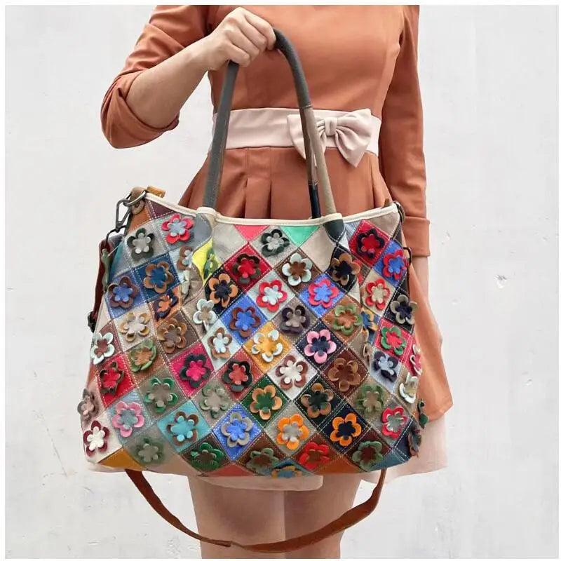 Multi-Colorful Real Leather Floral Tote – Luxury & Artistic Elegance - JVMCL