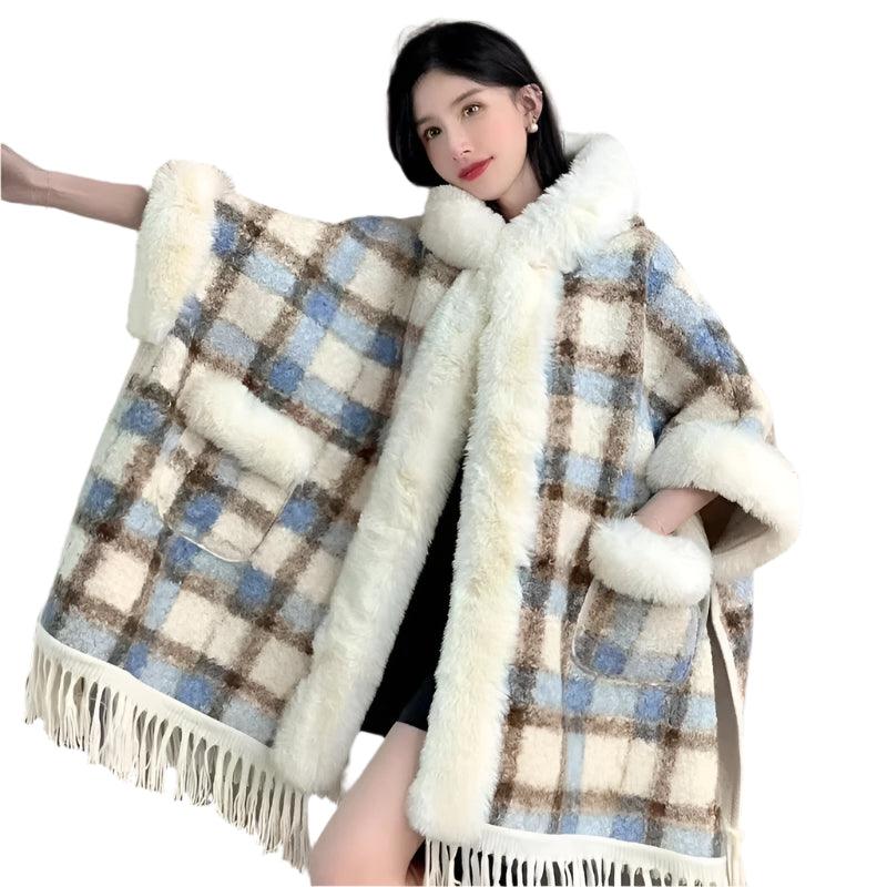 Hooded Overcoat Plaid Faux Lamb Fur Women’s Long Thick Velvet Poncho Cloak - JVMCL