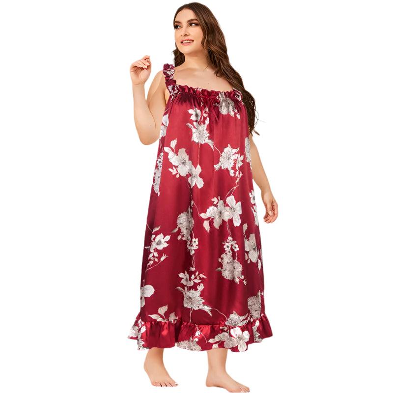 Red Flower Print Satin Nightgown - Plus Size Sleeveless Summer Sleepwear - JVMCL