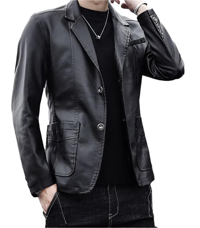 Men's Business Casual Leather Jacket – Slim Fit Suit Collar Coat - JVMCL