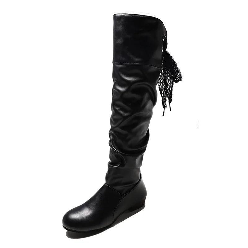 Knee-Length Pleated Low Heel Leather Spring/Winter All-Weather Women's Boots - JVMCL