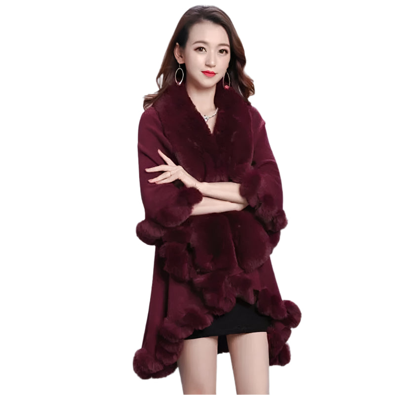 Women's Winter Knitted Poncho Cloak – Faux Rex Rabbit Fur Collar Pashmina Wrap