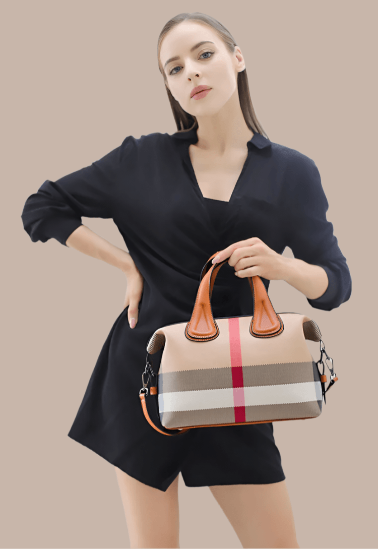 Luxury Plaid Canvas Boston Handbag – Designer Crossbody & Shoulder Bag for Women - JVMCL