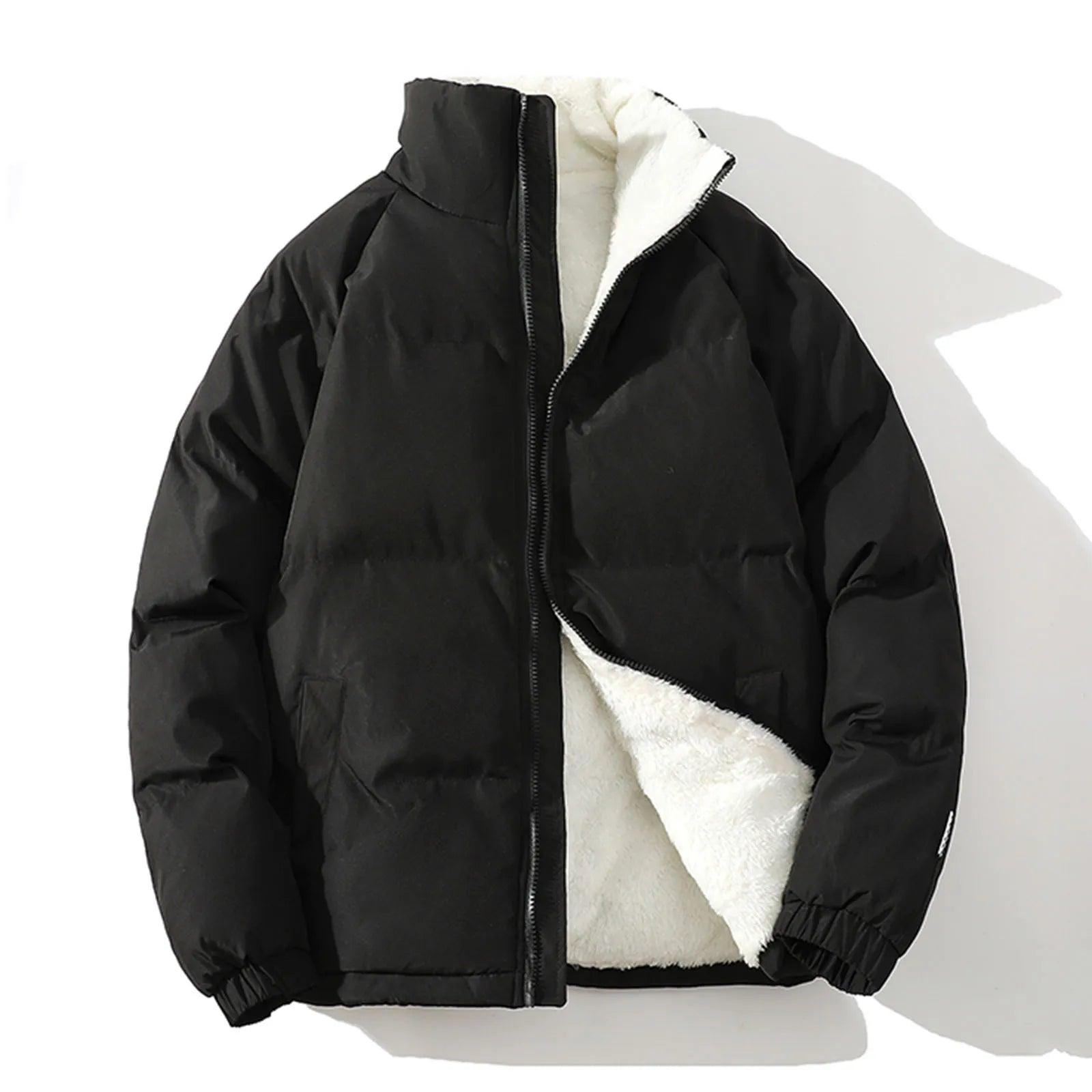 Men's Thick Padded Fleece Jacket: Loose Stand Collar Puffer Coat for Winter Wear - JVMCL