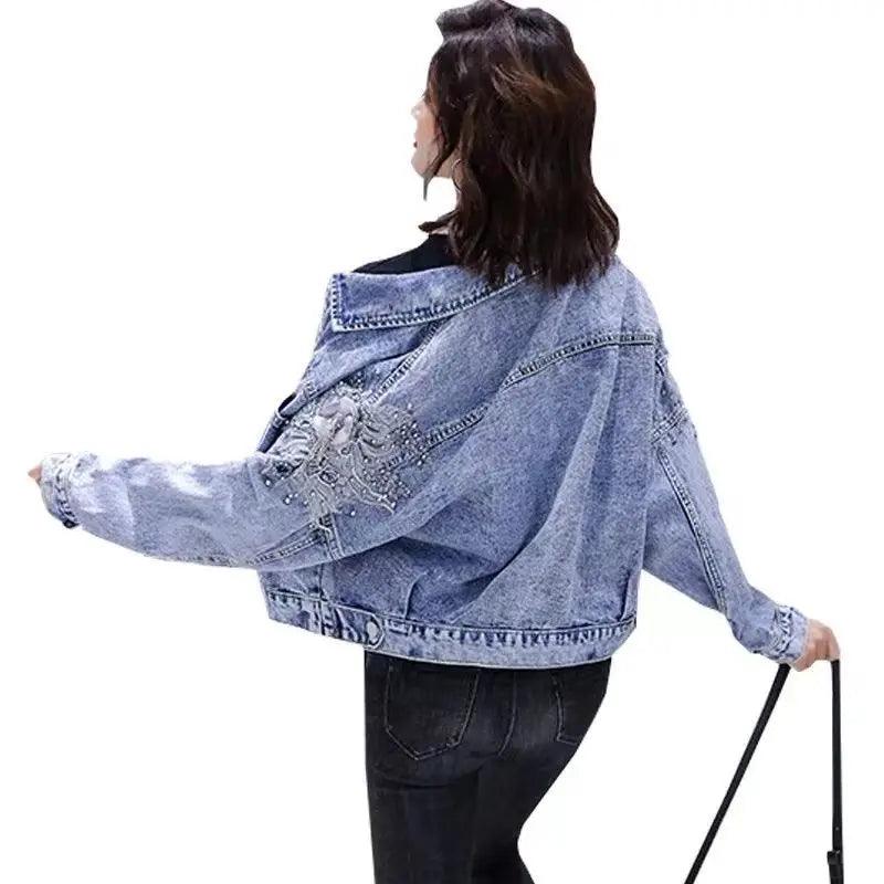 Small Embroidered Short Outerwear Denim with Beads & Pearls Jacket Jean Coat - JVMCL