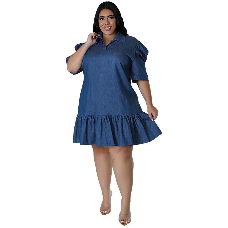 Plus Size Women’s Loose Casual Lapel Neck Short Sleeve Denim Mini Dress 3XL-5XL - JVMCL