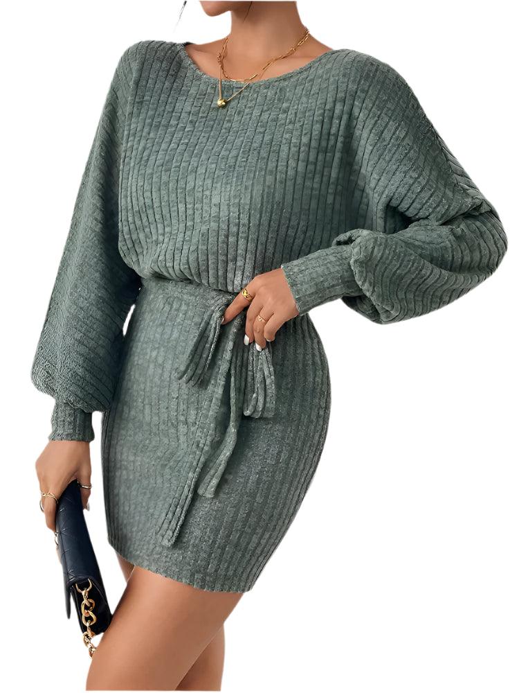 Fashion Round Neck Striped Green Lace Knit Solid Color Bag Arm Commuter Dress - JVMCL