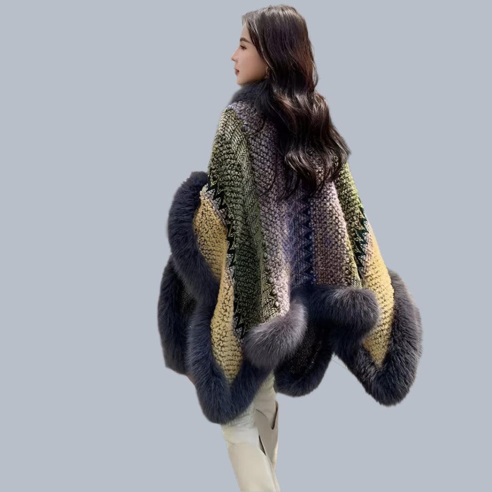 Bohemian Faux Silver Fox Fur Poncho – Knitted Wool Cloak & Luxury Shawl Wrap - JVMCL