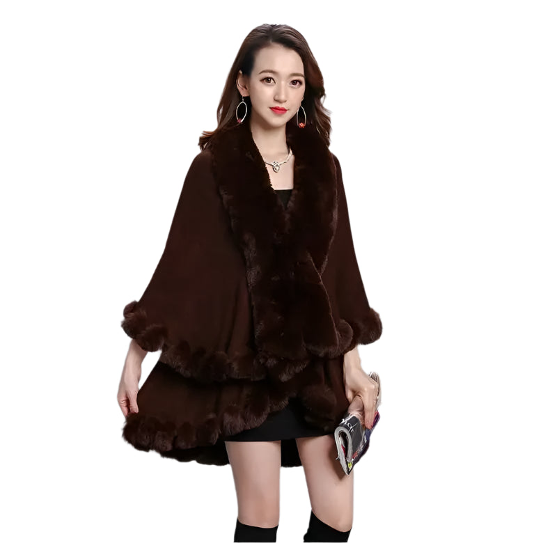 Women's Winter Knitted Poncho Cloak – Faux Rex Rabbit Fur Collar Pashmina Wrap