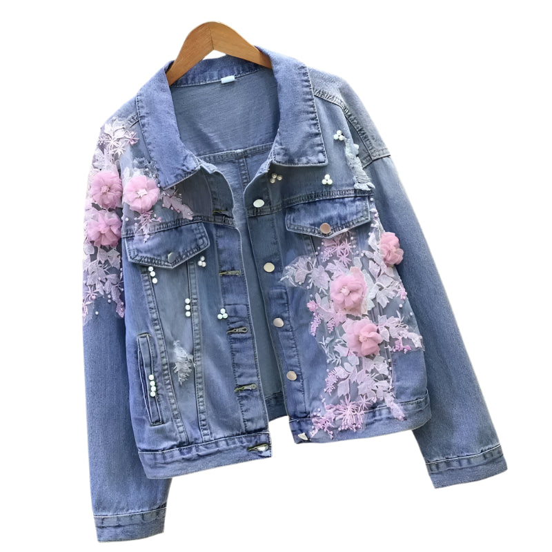 Women's 3D Flower Embroidered Denim Jacket – Loose Fit Korean Style Outerwear