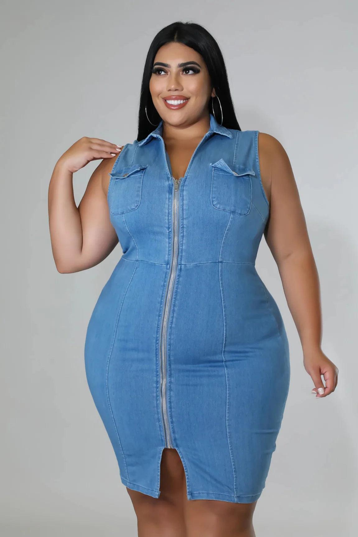 Comfortable Fit Elegant Plus Size Sleeveless Zipper Denim Dress for Women - JVMCL