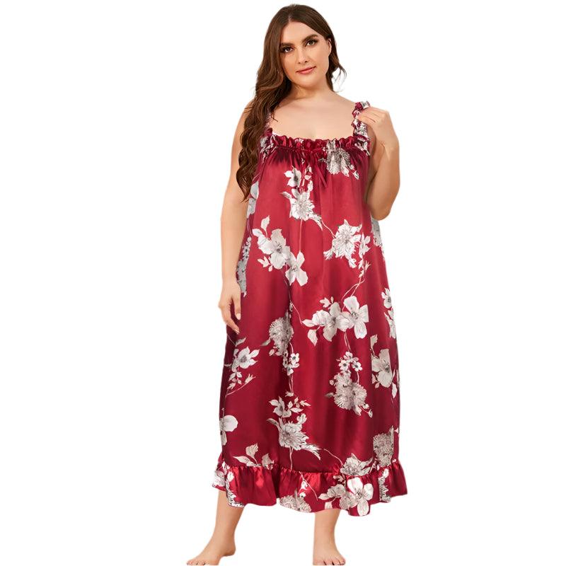 Red Flower Print Satin Nightgown - Plus Size Sleeveless Summer Sleepwear - JVMCL