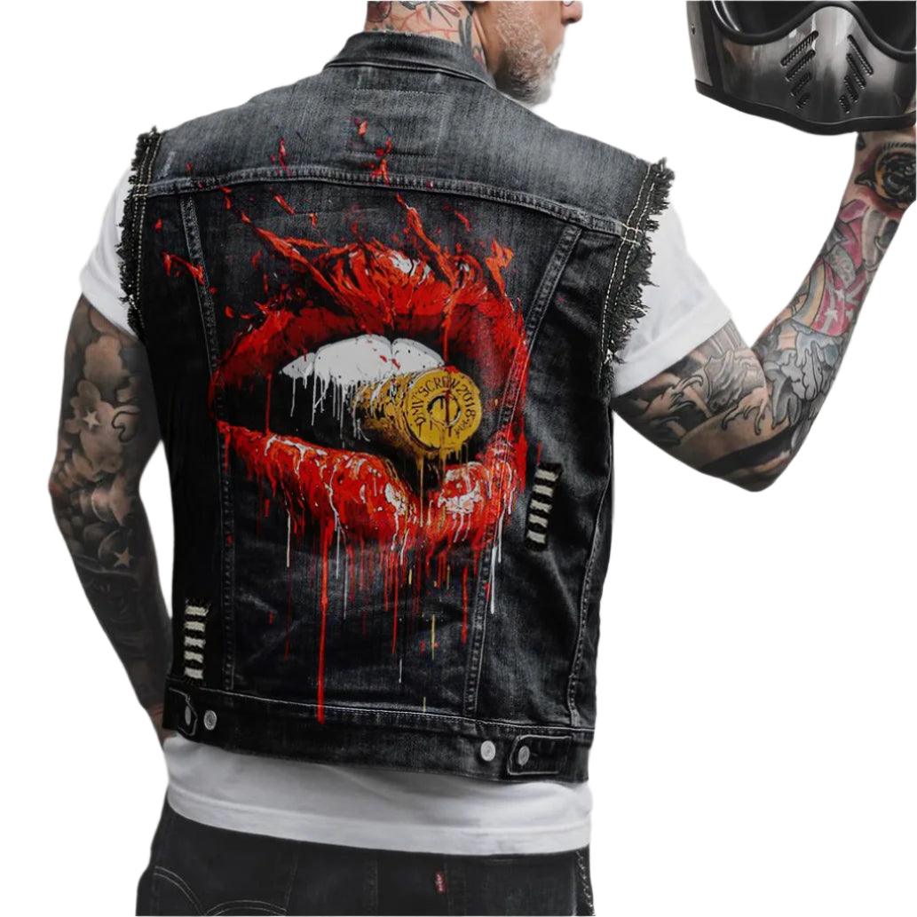 Comfort Stylish Street Riding 3D Print Sleeveless Denim Waist Vest Coat for Men - JVMCL