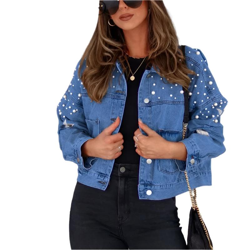 Vintage Casual Women's Bead Button Splicing Denim Jacket with Split Back Hem - JVMCL