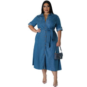 Plus Size Denim Midi Dress – Loose-Fit Street Style for Effortless Comfort