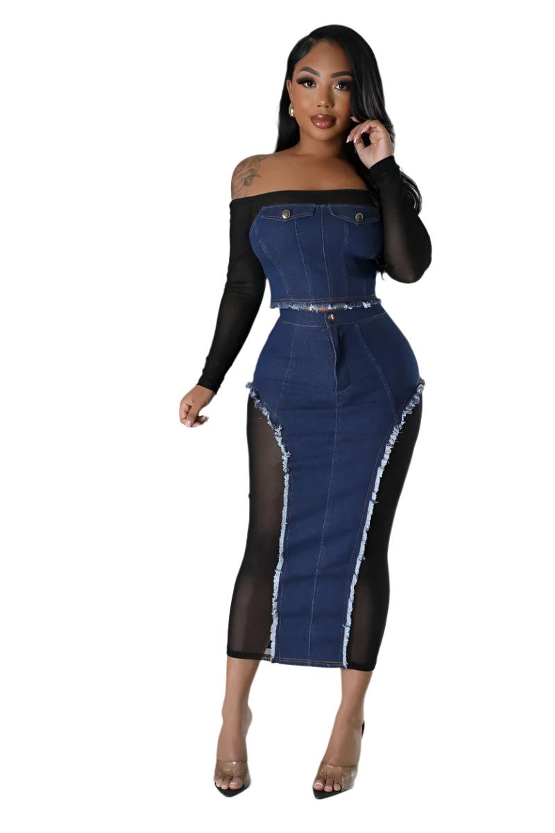 Elegant Mesh Patchwork Denim Dress Set – 2-Piece Clubwear Outfit for Women - JVMCL