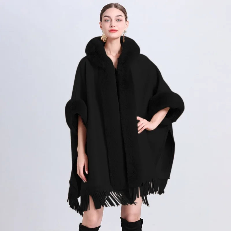 Hooded Thick Batwing Sleeve Faux Rabbit Fur Collar Velvet Cloak Tassel Poncho - JVMCL