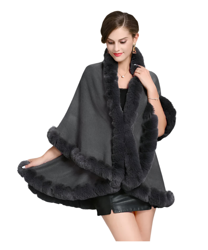 Elegant Outstreet Faux Fox Fur Collar Two-Layer Poncho Cape Cardigan Coat - JVMCL