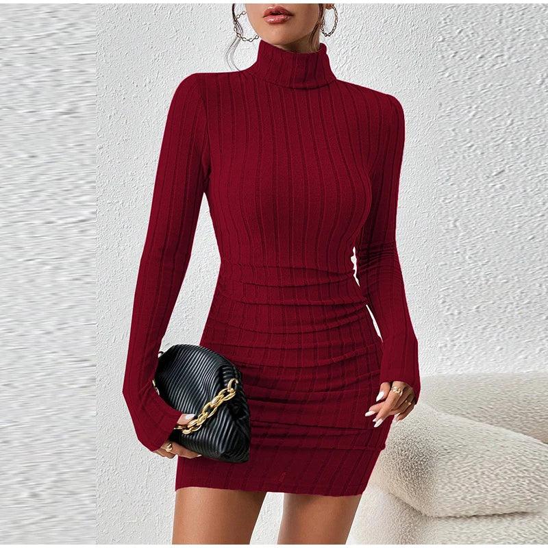 Sexy Slim-Fit Long Sleeve High Street Knitted Turtleneck Bodycon Mini Dress - JVMCL