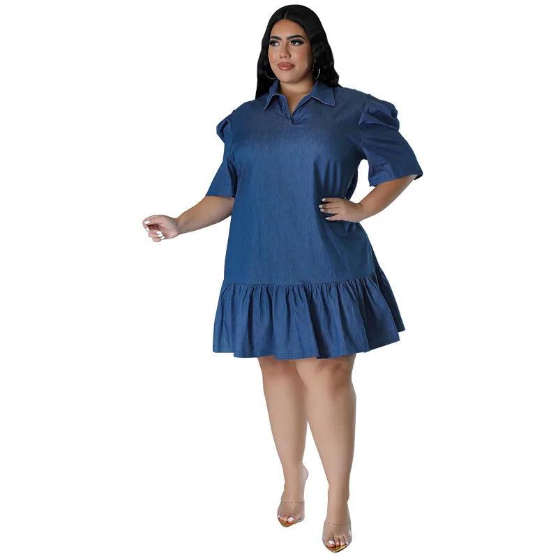 Plus Size Women’s Loose Casual Lapel Neck Short Sleeve Denim Mini Dress 3XL-5XL - JVMCL