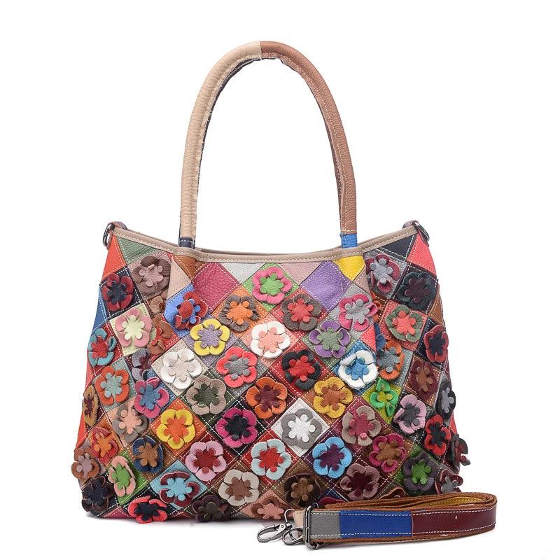 Multi-Colorful Real Leather Floral Tote – Luxury & Artistic Elegance - JVMCL