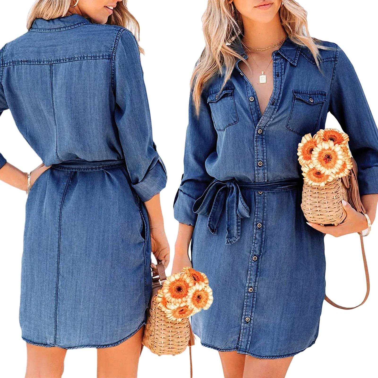 Women's Casual Denim Shirt Dress – Chic & Effortless Button-Down Style