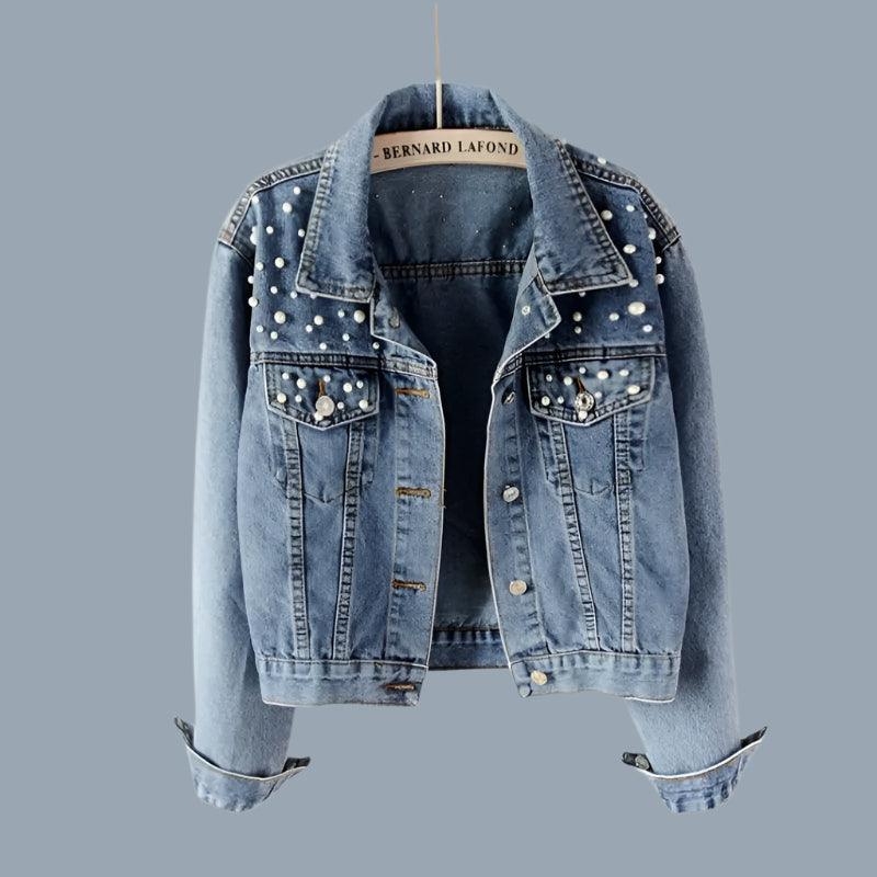 Sleek Style Spring and Autumn Short Denim Beaded Pear Denim Loose Jacket - JVMCL