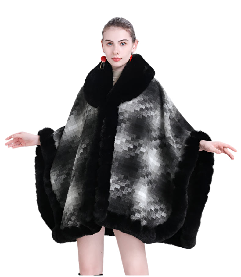 Women's Thicken Lining Woolen Faux Rabbit Fur Cloak Overcoat - Vintage Winter Cape - JVMCL