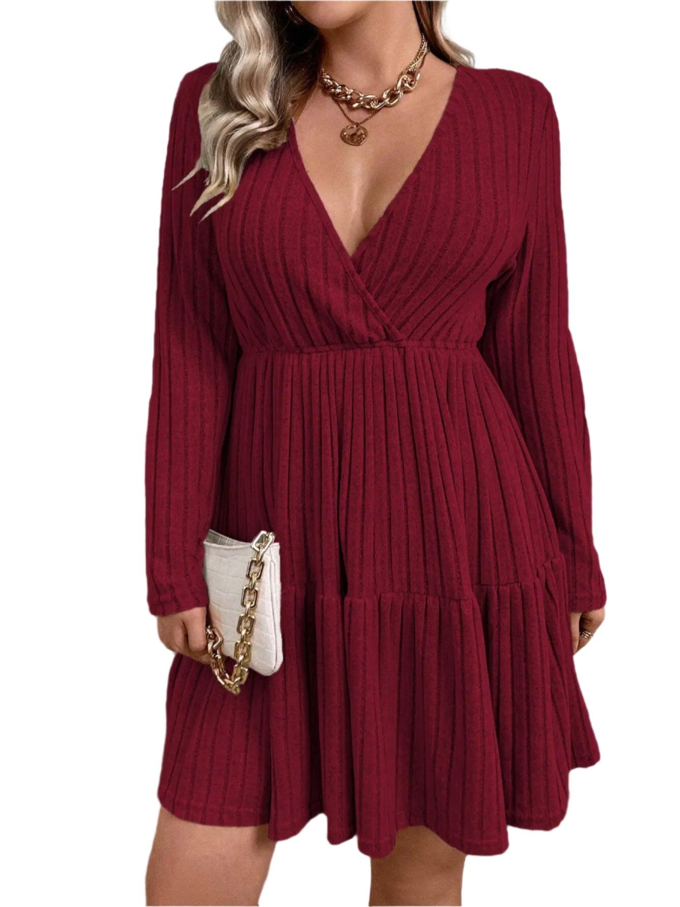 Winter Solid Plus Size Knitted Dress Women Casual V-Neck Long Sleeve Sweater Dress Ladies Elegant Large Pleated Short Dress - JVMCL