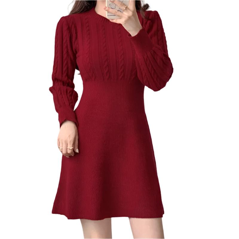 Chic Feminine Korea Winter Spring Women Office Lady O-Neck Knitted Sweater Dress - JVMCL