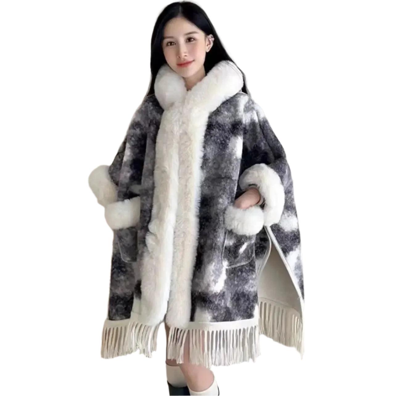 Hooded Overcoat Plaid Faux Lamb Fur Women’s Long Thick Velvet Poncho Cloak - JVMCL