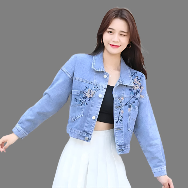 Women's Embroidered Denim Jacket – Stylish Preppy Loose-Fit Outerwear