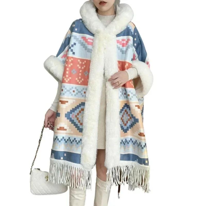 Luxury Woolen Hooded Cloak – Fall/Winter Fur Collar Poncho for Women - JVMCL