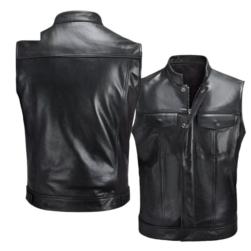 High-Quality Men's Motorcycle Rider Stand Collar Sleeveless Leather Jacket Vest - JVMCL