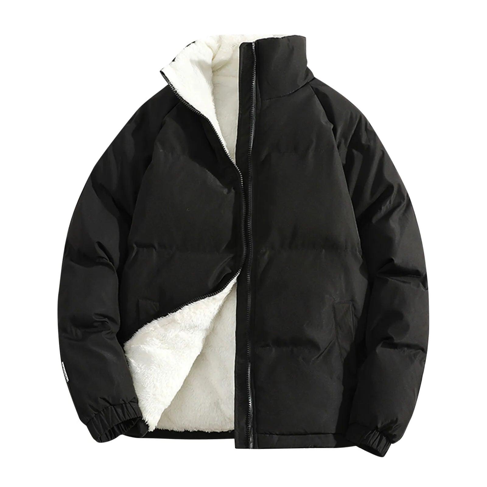 Men's Thick Padded Fleece Jacket: Loose Stand Collar Puffer Coat for Winter Wear - JVMCL