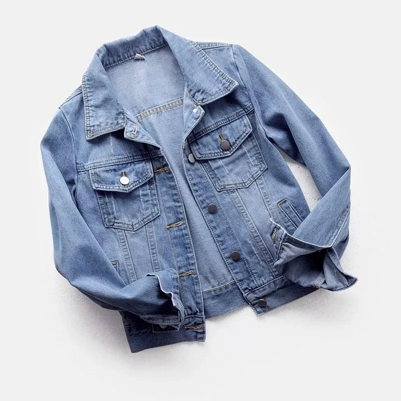 Women's Loose Denim Jacket – Classic Buttoned Overcoat with Pockets