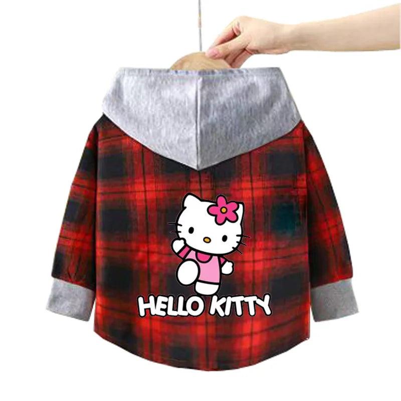 Kitty-Inspired Cute & Casual Hello Hooded Plaid Kids Shirt Outfit (1-12 Years) - JVMCL