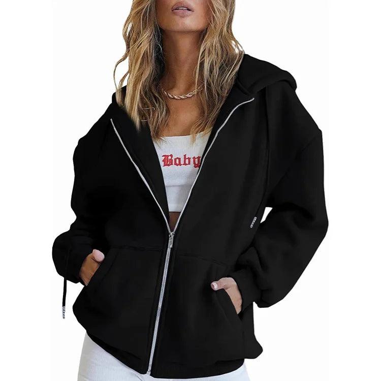 Women's Long Sleeve Solid Zip-Up Sweatshirt - Autumn/Winter Fashion Hoodie - JVMCL