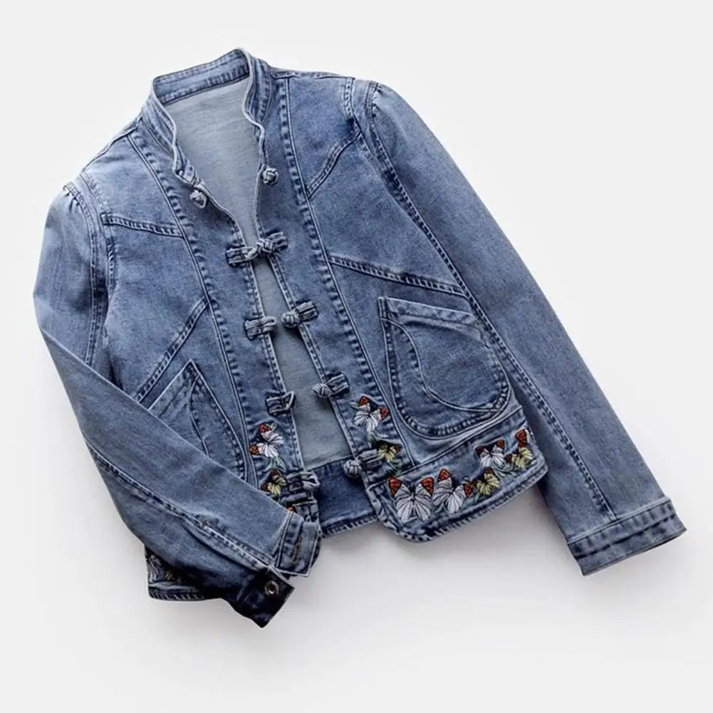 Women’s Retro Denim Jacket with Elegant Chinese Style Embroidery - JVMCL