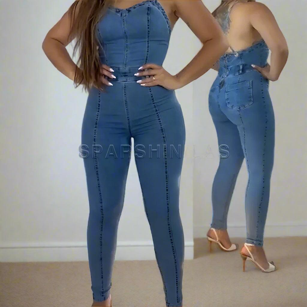 Casual Sleeveless Fashion Backless Heart Cutout Denim Bodycon Jumpsuit for Women - JVMCL